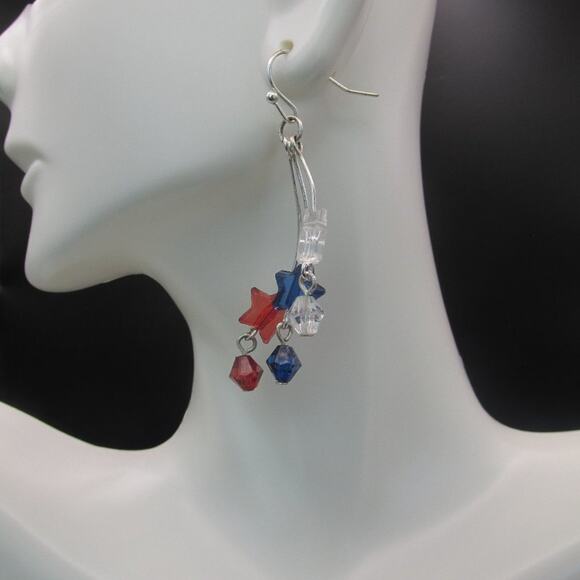NWOT Red/White/Blue Silver Plated Patriotic American Star Beaded Dangle Earrings - Picture 2 of 3